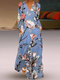 Leaves Flower Print Long Sleeve V-neck Maxi Dress For Women - Blue