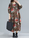 Flower Loose Pocket Long Sleeve Plus Size Vintage Dress - Brown