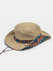 Men Cotton Linen Colorful Stripe Ethnic Pattern Patch Outdoor Sports Sunscreen Bucket Hat - Khaki