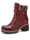 Socofy Casual Floral Print Leather Patchwork Woolen Design Side-zip Comfy Warm Lining Chunky Heel Short Boots - Wine Red