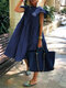 Women Solid Layered Design Ruffle Sleeve Cotton Dress - Navy
