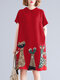 الكرتون القط طباعة قصيرة الأكمام جيب دمية طوق فستان المرأة - أحمر