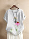 Flower Print O-neck Short Sleeve Casual T-Shirt For Women - White