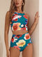 Women Flower Print Slimming High Waist Tankini Swimwear - Green