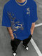 Camisetas masculinas de manga curta com estampa lateral do leão chinês e gola redonda de inverno - azul
