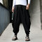 Mens Casual Cotton Linen Solid Color Baggy Loose Fit Harem Pants  - Black