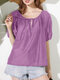 Women Solid Tie Neck Puff Sleeve Casual Blouse - Purple