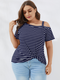 Striped Print Off Shoulder Short Sleeve Plus Size T-shirt for Women - Navy