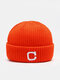 Unisex Knitted Thickened Color Contrast Letter Embroidery Ear Protection Warmth Fashion Brimless Beanie Hat - Orange