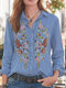 Floral Embroidery Long Sleeve Plus Size Denim Shirt - Light Blue 1