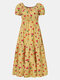 فستان كاليكو طباعة بياقة مربعة وأكمام قصيرة للنساء - الأصفر