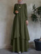 Women Solid Layered Design Muslim Long Sleeve Maxi Dress - Army Green