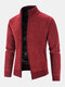 Mens Plain Chenille Knit Stand Collar Zipper Warm Cardigans With Pocket - Wine Red