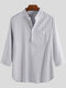 Mens Linen Casual Roll Sleeve Loose Buttons Pullover Henley Shirts - Gray