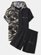 Mens Camo Patchwork Embroidered Waffle Knit Hooded Two Pieces Outfits - Black