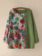Vintage Printed Long Sleeve O-neck Patchwork Blouse For Women - Green