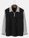 Mens Two Tone Patchwork Zip Texture Casual Long Sleeve Golf Shirts - Black