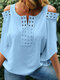 Women Cold Shoulder Splice Notched Neck 3/4 Sleeve Blouse - Blue