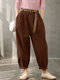 Solid Color Pocket Elastic Waist Long Casual Pants for Women - Coffee