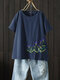 Women Embroidery Short Sleeve Crew Neck Causal T-Shirt - Navy