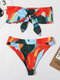 Women Color Block Print Tie Front Bandeau Strapless High Waist Bikinis - #1