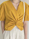 Blusa elegante com pregas de torção de cor sólida com zíper nas costas - Amarelo