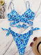 Women Butterfly & Floral Print Criss Cross Knotted Spaghetti Straps Bikinis Swimwear - Blue