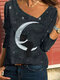 Cartoon Cat Stars Printed Long Sleeve Asymmetrical T-shirt For Women - Black