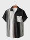 Mens Chest Pocket Patchwork Lapel Collar Short Sleeve Shirts - Black