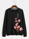 Mens Japanese Style Floral Print 100% Cotton Pullover Sweatshirts - Black