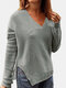 Solid Color Long Sleeve V-neck Split Sweater For Women - Grey