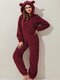 Women Fluffy Plush Cute Ear Zip Front Solid Elastic Cuff Warm Cozy Hooded Onesies Pajamas - Wine Red