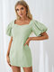 Solid Tie Back Puff Short Sleeve Square Collar Dress - Green