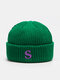 Unisex Knitted Thickened Color Contrast Letter Embroidery Ear Protection Warmth Fashion Brimless Beanie Hat - Green