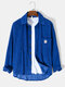 Mens Corduroy Solid Lapel Button Drop Shoulders Cotton Long Sleeve Shirts - Blue