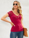 Camiseta de manga corta con cuello en V profundo y patchwork de encaje para mujer - Vino rojo