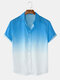 Mens Gradient Casual Short Sleeve Turn-down Collar Shirt - Light Blue
