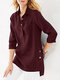 Solid High-low Pocket Button Half Placket 3/4 Sleeve Blouse - Wine Red