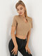 Solid Ribbed Knit Short Sleeve Stand Collar Crop Top - Khaki