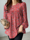 Women Allover Ditsy Floral Print Crew Neck Long Sleeve Blouse - Red
