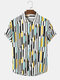 Mens Block Striped Print Lapel Casual Short Sleeve Shirts - Yellow