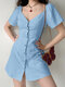 Front Buttons Short Sleeve Solid Color V Neck Thigh Length Dress - Blue