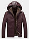 Mens PU Leather Thickened Fleece Lined Long Sleeve Hooded Zipper Jackets Coats - Wine Red
