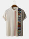Mens Geometric Striped Print Patchwork Ethnic Short Sleeve T-Shirts - Apricot