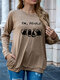 Cat Print Long Sleeve Loose Casual T-Shirt For Women - Khaki