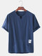 Mens Breathable Cotton & Linen Large Pocket V-neck T-shirt - Navy Blue