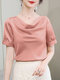 Cowl Neck Satin Solid Short Sleeve Blouse For Women - Pink