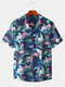 Mens Tropical Floral Print Lapel Holiday Casual Thin Short Sleeve Shirt - Blue