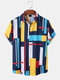 Mens Block Striped Lapel Button Front Short Sleeve Shirts - Multi Color