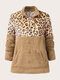 Plus Size Leopard Pattern Patchwork Zip Front Fluffy Sweatshirt - Khaki
